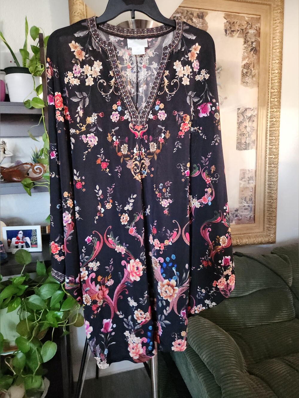 Camilla Black Floral Embellished V-Neck Dress